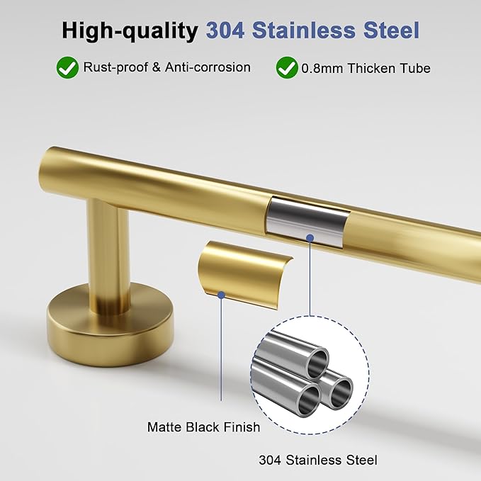 Brushed Gold Towel Bar, 14 Inch Towel Racks for Bathroom Wall Mounted, SUS304 Stainless Steel Bathroom Towel Holder, Total Length 16.4 Inch Towel Bars