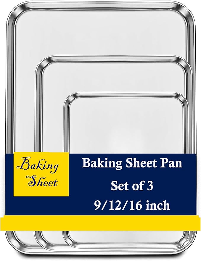 Set of 3 Baking Sheet, Stainless Steel Cookie Sheet Baking Sheet Pan, 9/12/16 Inch Cookie Tray Pans for Baking, Non Toxic & Easy Clean