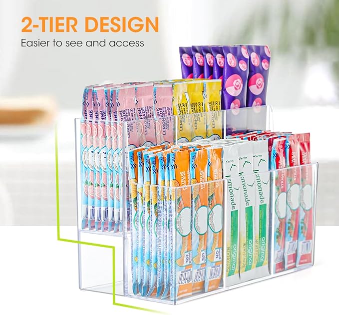 AIEVE Drink Packet Organizer, 2-Tier Water Flavor Packet Holder for Pantry Storage, Acrylic Drink Mix Organizer Hydration Powdered Mixes Holder Container for Cabinet Kitchen Storage