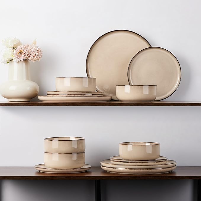 E-far 24-Piece Plates and Bowls Set, Stoneware Dinnerware Sets for 8, Reactive Glaze Ceramic Dinning Ware Dishes, Microwave & Dishwasher Safe - Sandy Beige