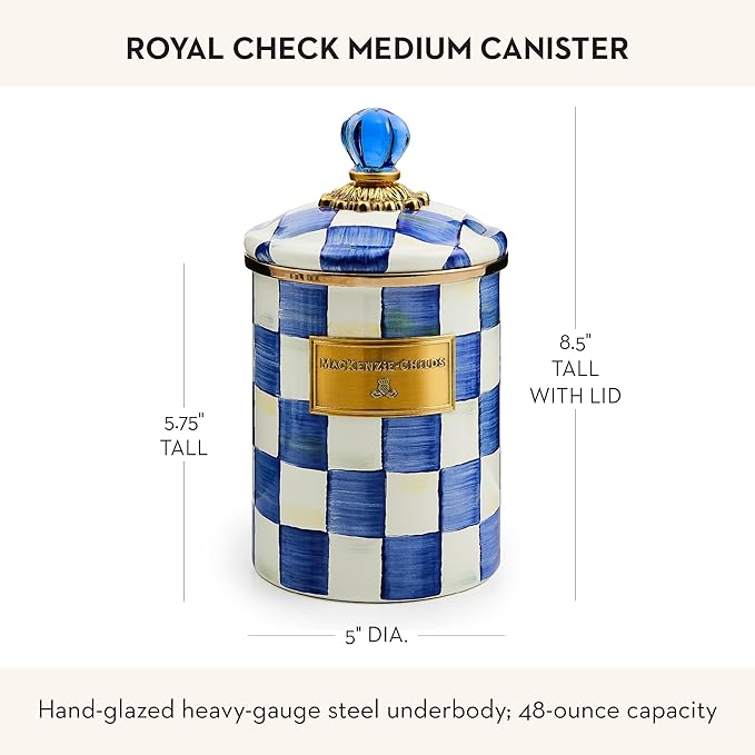 MACKENZIE-CHILDS Medium Enamel Canister, Kitchen Storage Container for Flour and Sugar, 1.42 Liters, Blue-and-White Royal Check