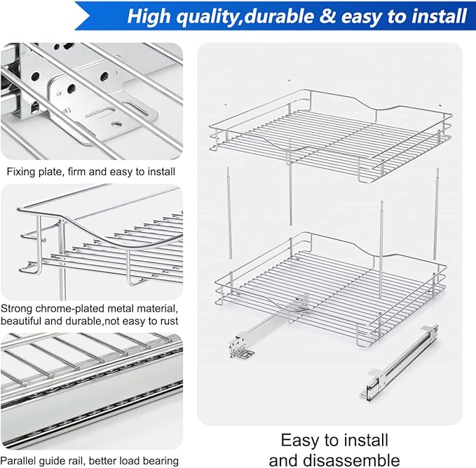 FULGENTE Chrome Finish Pull Out Drawer Cabinet Organizer 20" Wx18 Dx15.12''H 2 Tier Heavy Duty Slide Out Kitchen Storage Shelves Wire Frame Under Shelf Sliding Drawers for Inside Cupboard