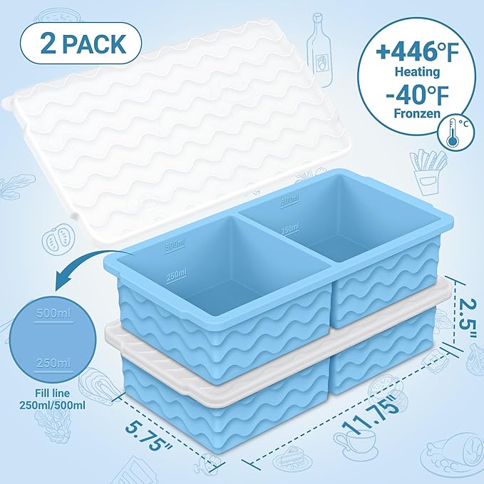 Aopigavi Silicone Freezer Tray with Lid – 2-Cup Soup Freezer Container Molds, Large Ice Cube Trays for Freezing Soup, Sauce & Broth, Meal Prep & Food Storage – Oven & Dishwasher Safe, 2-Pack