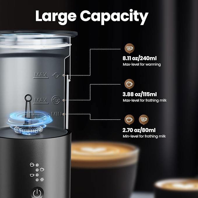 Electric Milk Frother and Steamer, 8.12oz/240ml 4 in 1 Milk Steamer Frother for Latte Cappuccino, Can Froth Both Hot and Cold Milk, Enjoy Perfect Milk Froth in 2 Min