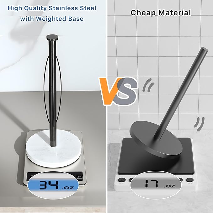 ZUNTO Standing Paper Towel Holder for Countertop, Stainless Steel Paper Towel Rack with Heavy-Duty Marble Base, Anti Slip, Paper Roll Holder for Kitchen Desktop, Simply Tear for One Hand