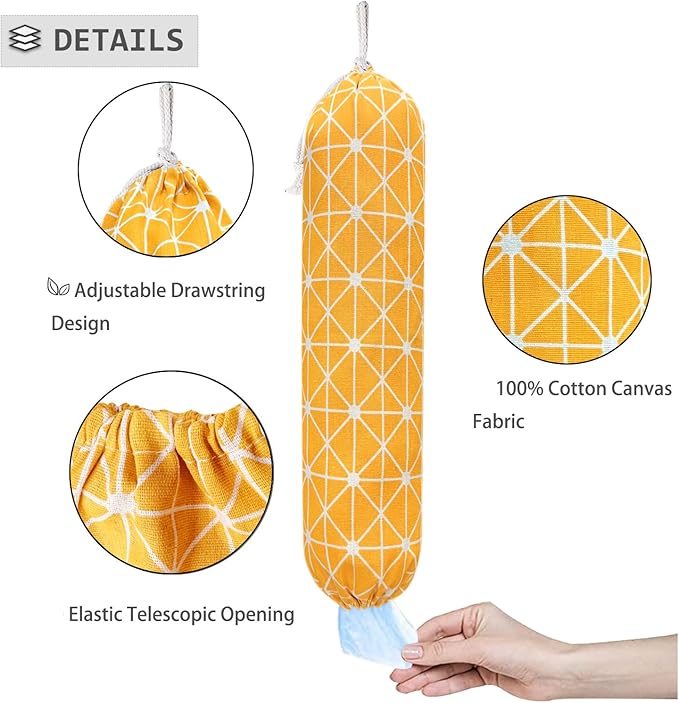 SYIPO Plastic Bag Holder Shopping Bags Carrier, Washable Large Grocery Bag Storage Dispenser for Home Kitchen Travelling, Free Adjustment with Drawstring, Yellow, 22x9