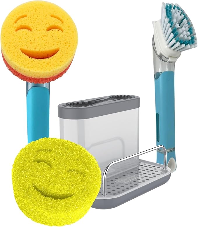 The Original Smiling Sponge Handle Soap Dispensing Handle by Smilyeez for The Smiling Sponge with Smilyeez Caddy & Dishwand with 2 Scrub Brushes (Light Blue)