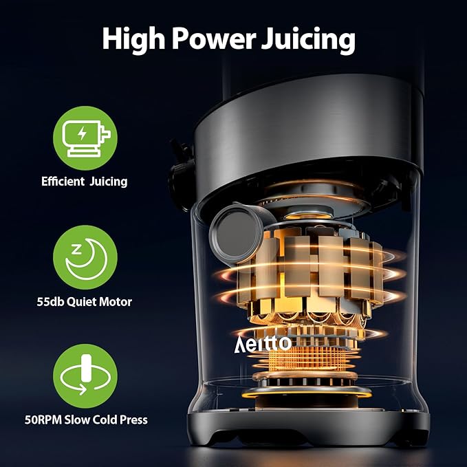 Cold Press Juicer with Whole Feed Chute, Aeitto Masticating Juicer Machines, Juice Extractor Machine Easy to Clean, High Juice Yield, For Whole Vegetables and Fruits, Easy to Assemble, Onyx Black