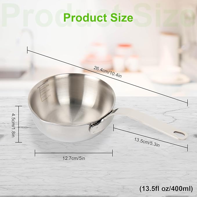 18/10 Stainless Steel Butter Warmer with Silicone Scraper – 13.5 fl oz (400 ml) Mini Saucepan with Pour Spouts, Milk/Coffee/Chocolate Melter, Compatible with Induction & Gas Stoves