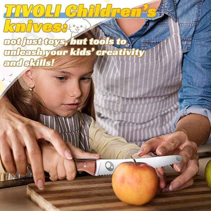 TIVOLI Kids Chef Knife Set with Finger Guard, 3-Piece Safety Stainless Steel Children's Cooking Knives for Cutting Fruits, Vegetables, Bread, Fun & Safe Kitchen Tool for Young Chefs
