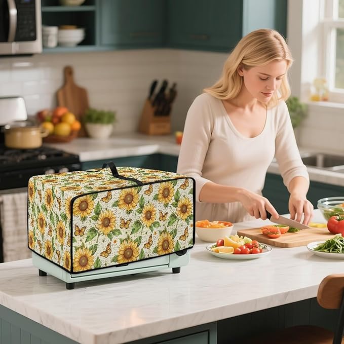Countertop Convection Oven Cover Dust-Proof Toaster Oven Cover with Accessories Pockets, Countertop Convection Oven Protector, M, Sunflower Butterfly Retro Letter Print