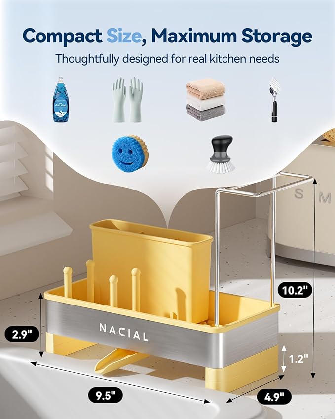 Nacial Sponge Holder for Kitchen Sink, Sink Caddy Organizer with High Brush Holder & Two Towel Racks - Rustproof 304 Stainless Steel Kitchen Countertop Storage Essentials - Yellow