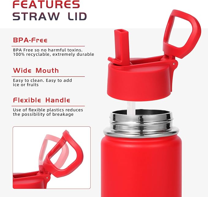 Volhoply 14oz KIds Stainless Steel Insulated Leakproof Water Bottle with Straw Lid and Silicone Boot,BPA-Free Easy Use for Boys&Girls,Double Wall Vacuum Bottles(Red,1)