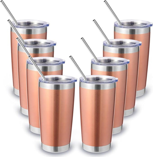 Volhoply 20oz Stainless Steel Tumbler with Lid and Straw Bulk 8 Pack,Double Wall Insulated Travel Ice Coffee Mug Fits Cup Holder,Powder Coated Cups for Hot/Cold Drinks,Christmas Gifts（Rose Gold,8 Set）