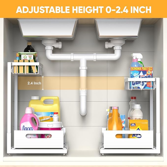 Saydear Under Sink Organizer Storage 2-Tier Premium Metal Pull-Out Kitchen Cabinet Organizer with Sliding Drawer, Height Adjustable, Heavy Duty for Kitchen & Bathroom Organizers 2 Pack White