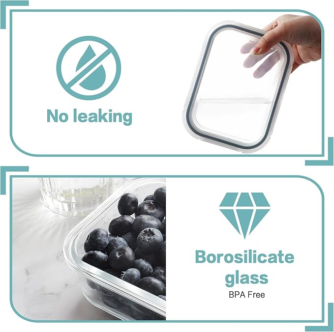 HOMBERKING 30oz 8 Pack Glass Meal Prep Containers with Lids, Food Storage Airtight Bento Boxes with Leak Proof Locking for Microwave, Oven, Freezer and Dishwasher (8 lids & 8 Containers)