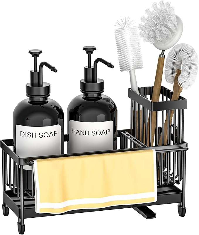Kitchen Soap Dispenser Set with Sponge Holder and Towel Rack, 17OZ Glass Bottle, Hand and Dish Soap Dispenser Set, Non-Slip Silicone Pad, Brush Holder, Kitchen Sink Caddy Organizer Countertop (Black)