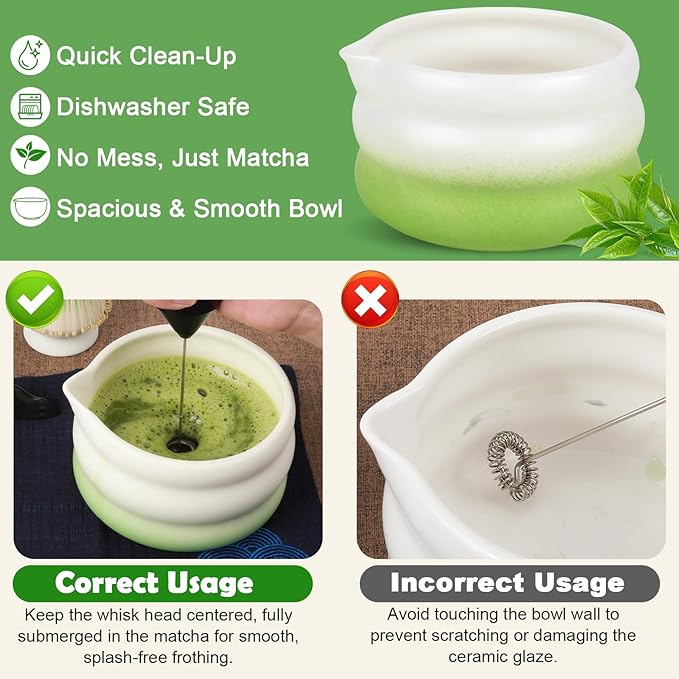 Matcha Whisk Set with Electric Frother – 8Pcs Tea Set with Matcha Bowl, Bamboo Whisk & Holder, Scoop, Scoop Rest,Sifter&Tea Towel–Traditional & Modern Matcha Kit for Ceremony,Lattes & Gifts – Green
