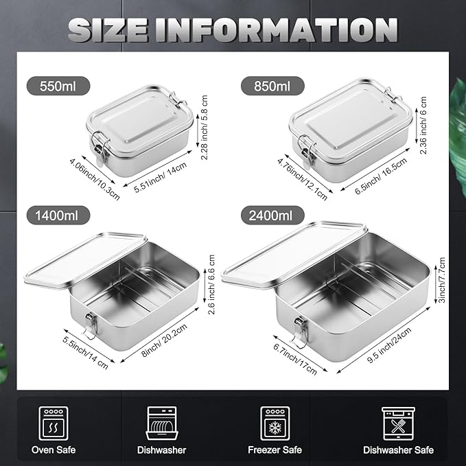 Umigy 8 Pcs Stainless Steel Food Containers 550/850/1400/2400 ml Metal Bento Lunch Box Stainless Steel Food Storage Containers, Lockable Clips to Leak Proof, Reusable Dishwasher Snack Boxes for Work