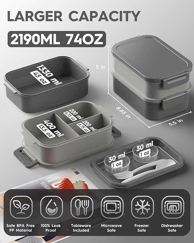 KEMETHY Adults Bento Lunch Box Set with Thermo Bag, 74oz Stackable Leak-proof 3-tiers Bento Box, Built-in Utensil and Sauce Container for Work, School, Dining Out (Gray)