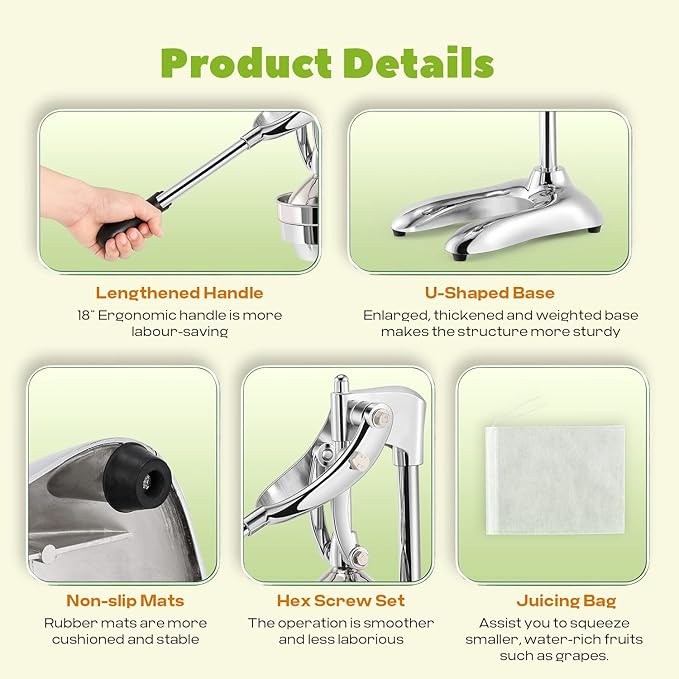 Manual Juicer Hand Press Professional Citrus Juicer Countertop Metal Orange Lemon Pomegranate Squeezer for Commercial Home Restaurant Use( Stainless Steel Heavy Duty Extra Large 7.4*9.8*19.3")