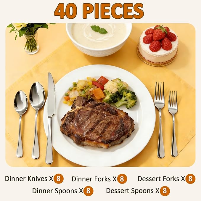 40 Piece Silverware Set,for Home,Kitchen,Restaurant.Flatware Set,Stainless Steel Cutlery Utensil Set include Forks,Knives,Spoons
