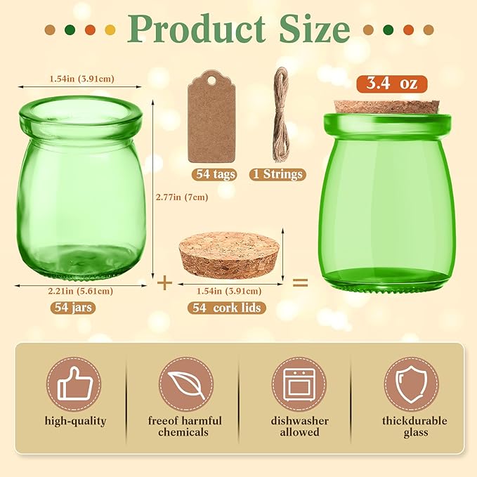 Qinyoung 54 Pack Bulk 3.4 oz Mini Colored Glass Mason Jars with Cork Lids & Labels & Twines — Decorative Storage Containers Multi-purpose for Wedding Holiday Party Favor Gifts DIY Craft Home Decor
