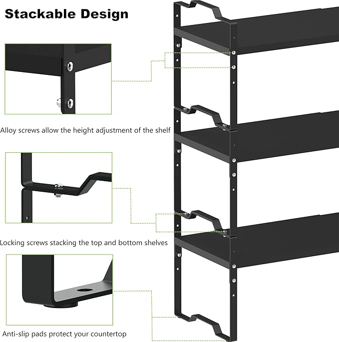 Expandable Shelf for Cabinet Organizer Adjustable Stackable Spice Rack at Kitchen and Bathroom More, Counter Countertop Cupboard Organization Pantry Storage(LARGE/1PACK/BLACK)