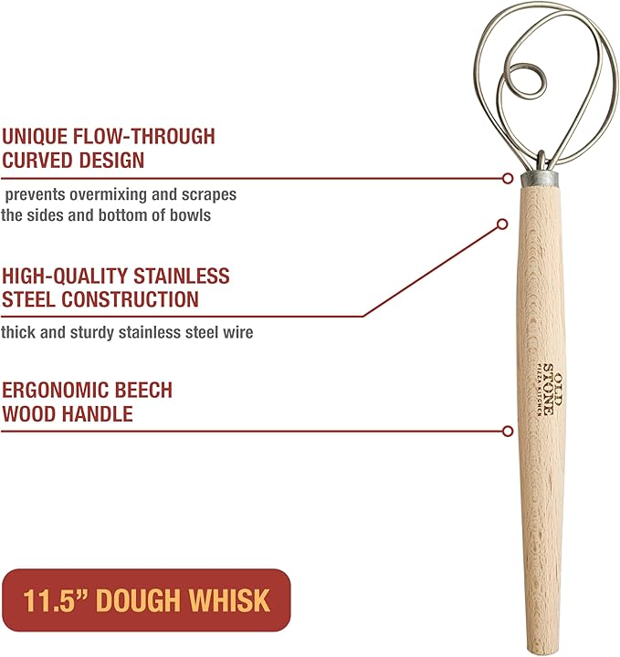 Old Stone Danish Dough Whisk for Bread Baking, Sourdough, and Pizza Dough, Dutch Whisk, Made in Poland, 11.5-Inch