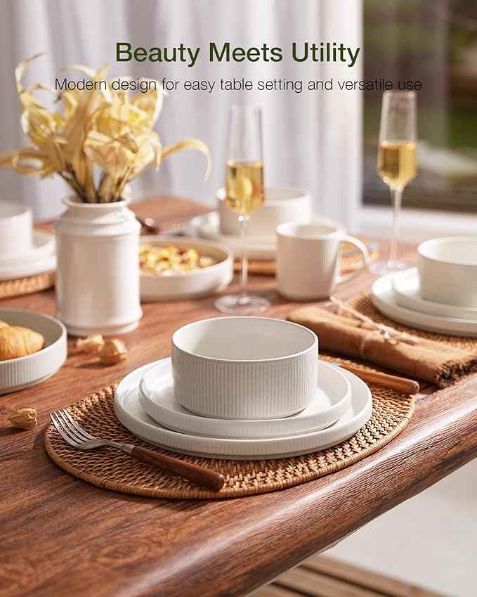 famiware Star Dinnerware Set with Pasta Bowls, Service for 6 (24 Pieces), Ribbed Stoneware Plates and Double Bowls Sets - Chip & Scratch Resistant, Microwave & Dishwasher Safe Dishes, Matte White