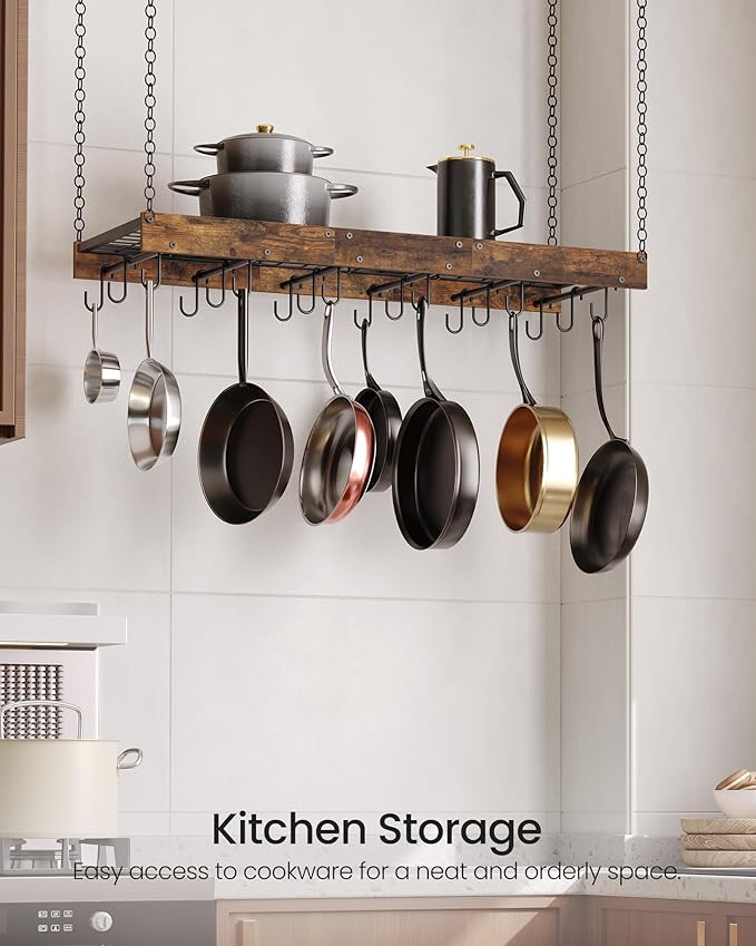 CHOEZON Hanging Pot Rack, Ceiling Wall Mounted Pot Rack for Kitchen, Industrial Style Pot Hanger with 18 Hooks, Cookware Storage Organizer, for Pots and Pans, Rustic Brown and Black TPR12BFC1