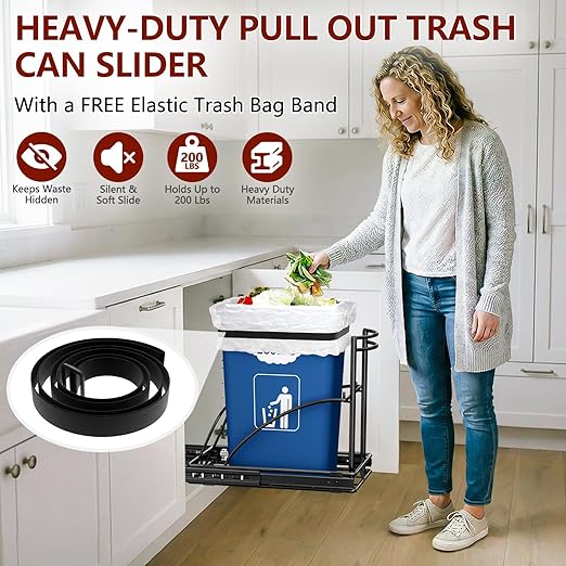 ANASTA Under Sink Trash Can Pull Out Trash Hidden for 30-50 Qt 7-13 Gallon Garbage Can Under 13" Wx19 Dx17 H Cabinet, Black Pull Out Kit with Full Extension Slide for Kitchen and Bathroom, No Bin