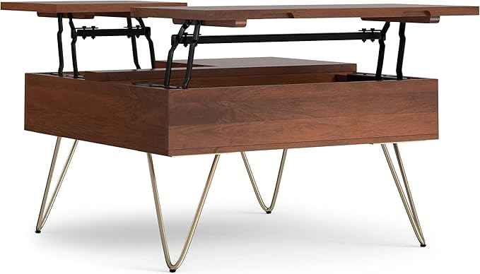 SIMPLIHOME Hunter Lift Top Coffee Table - 32 inch Wide Solid Mango Wood Industrial Square Cocktail Table in Umber Brown, Living Room Table with Dual Lift Tops, Hidden Storage and Gold Hairpin Legs