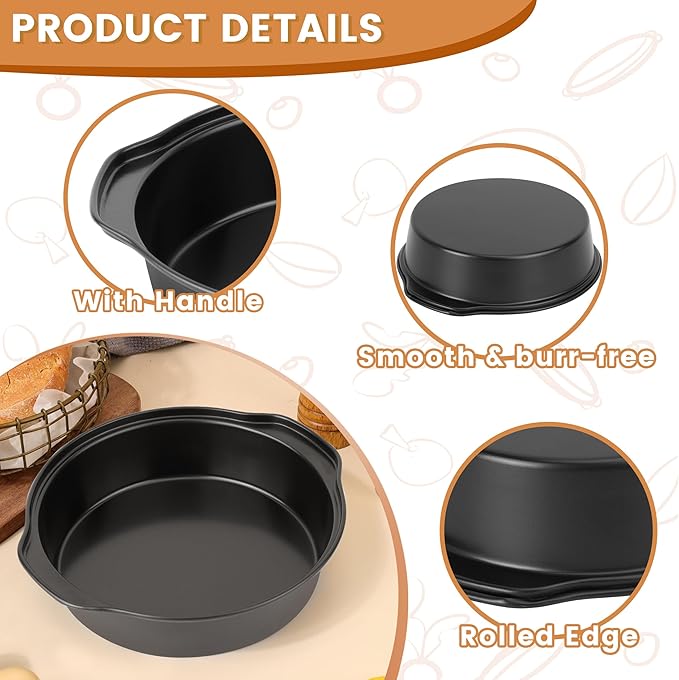 BEWOS 6 Inch Cake Pan Set - 3 Pcs Carbon Steel Round Cake Pans with 100 Pcs Parchment Paper, Round Cake Pans, Nonstick Baking Pans Set with Handle, Dishwasher Safe