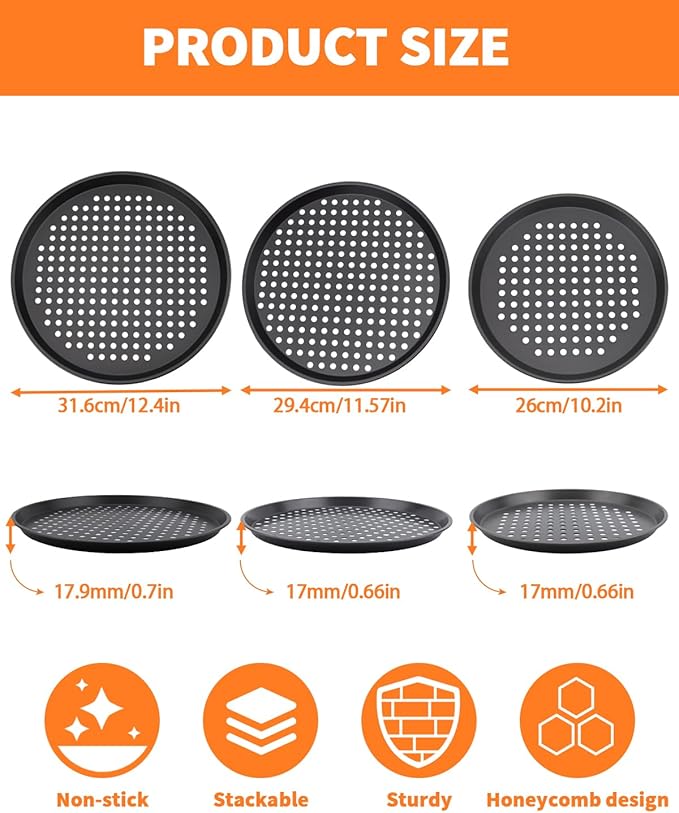 3 PCS Nonstick Pizza Pan with Holes,10/11/12 In Perforated Carbon Steel Pizza Tray for Oven, Round Bakeware Pizza Tray for Home Restaurant Kitchen