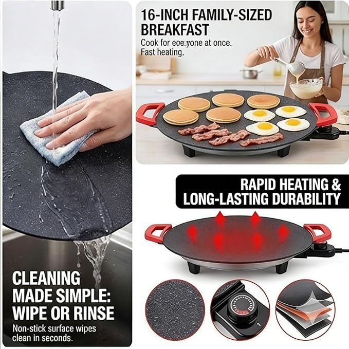 Non-Stick Electric Indoor Grill Pan, Smokeless Electric Griddle with Temperature Control, Round Baking Pan for BBQ, Steaks, Pancakes & Comal Electrico para Tortillas (36cm/14.2in)