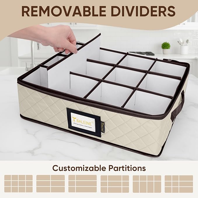 BALEINE China Storage Containers, Sturdy Quilted Wine Glass Storage, Plate Organizer with Carry Handles, Moving Boxes for Dishes, Cups, Mugs and Stemware (Mug Storage, Soft Shell Cream)