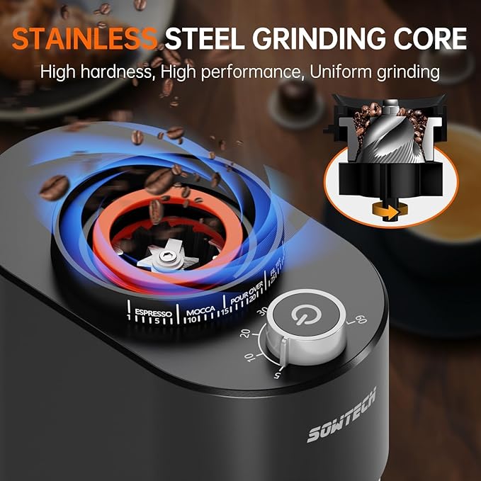 SOWTECH Conical Burr Coffee Grinder, Adjustable Electric Mill, 38 Precise Grind Settings, Precision Timer, for Espresso, Drip and French Press, Home &Office, Beige