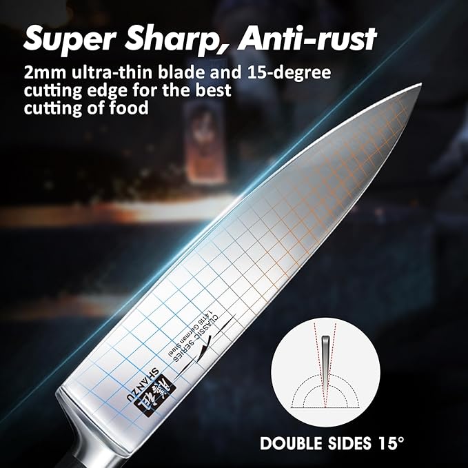 SHAN ZU Kitchen Knife Sets 3pcs, Professional German 5Cr15MoV Stainless Steel, High Carbon Steel Knives Sets, Ultra Sharp Ergonomic Wood Handle & Full Tang Design, Gift Box Included