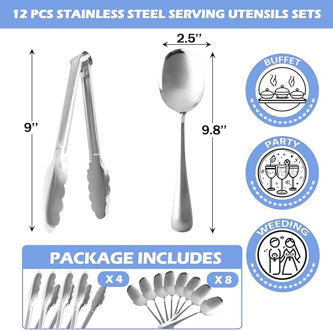 12PCS Stainless Steel Serving Utensils Sets with 8 Large Serving Spoons,4 Serving Tongs,Silver Serving Utensills Sets for Buffet Catering Banquet Party (Silver)