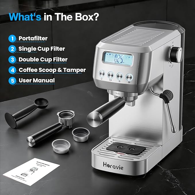 Horavie Espresso Machine 20 Bar, Compact Espresso Maker with Milk Frother, Stainless Steel Cappuccino & Latte Machine with LCD Screen, Adjustable Temperature, 44oz Water Tank for Home, Office