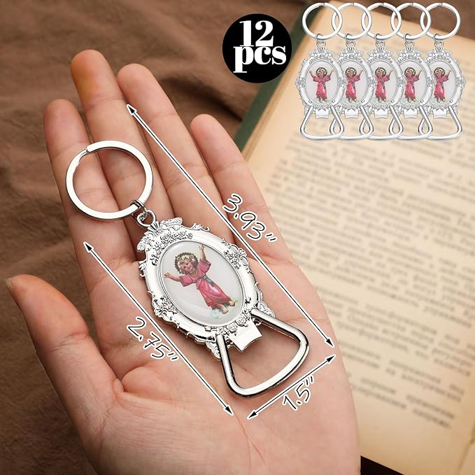 Misdary 12 Pcs Divine Child Jesus Bottle Opener Keychain Catholic Bottle Opener with Organza Baptism Party Favor for Guest