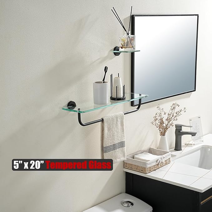 JQK Bathroom Glass Shelf, Shelf with 19 Inch Towel Bar Tempered Glass Shower Storage 20 by 5 inches, 304 Stainless Steel Matte Black Wall Mount, TGS100L20-PB