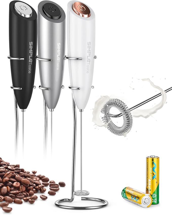 SIMPLETASTE Milk Frother Handheld Electric Foam Maker, Drink Mixer with Stainless Steel Whisk for Cappuccino, Bulletproof Coffee, Latte, White, with Stand, Battery Operated