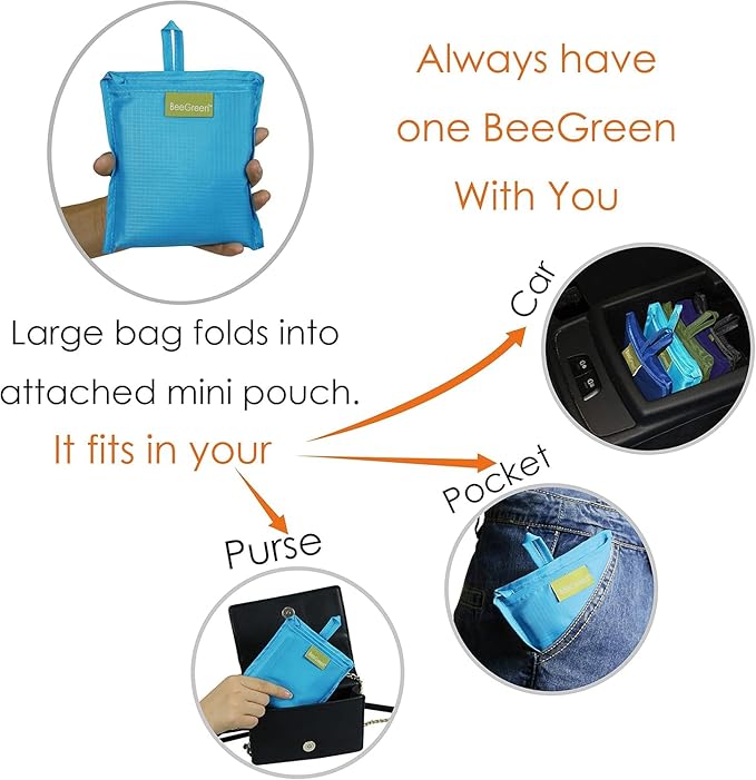 BeeGreen Light Blue Reusable Grocery Bags Wholesale Blue Reusable Kitchen Bags Bulk Foldable-Machine Washable with Zipper Storage Pouch 50 Packs