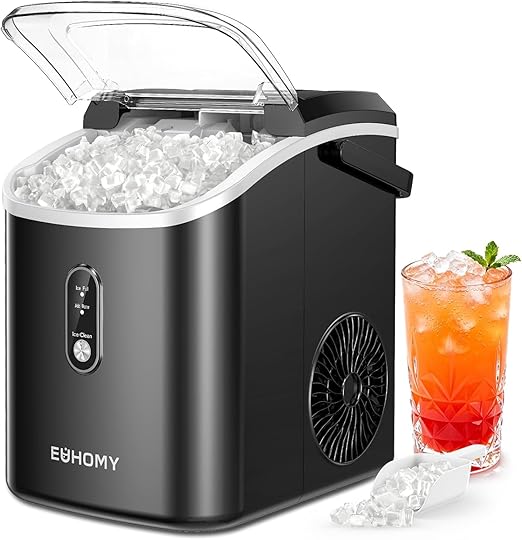 EUHOMY Nugget Ice Maker Countertop with Handle, Ready in 6 Mins, 34lbs Per Day, Removable Top Cover, Self-Cleaning, Portable Sonic Ice Maker with Basket and Scoop, for Home/Party/RV/Camping(Black)