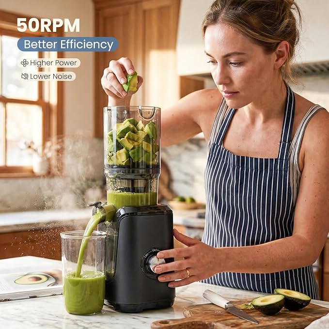 DUMOS Masticating Juicer Machines, Cold Press Juicer with 4.25" Wide Feed Chute, High Juice Yield for Whole Vegetables & Fruits, Easy to Clean, Black