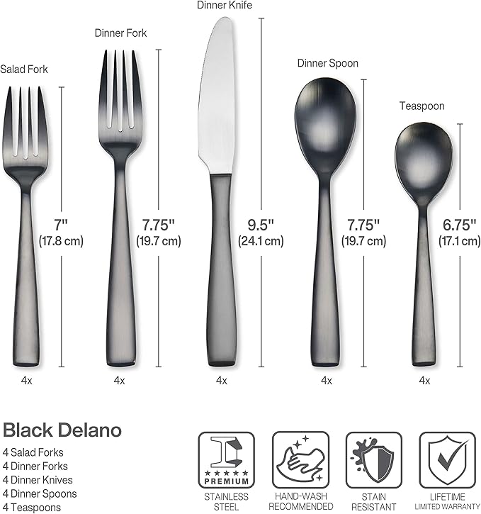 Mikasa Delano Black Satin 20-Piece Stainless Steel Flatware Set, Service for 4