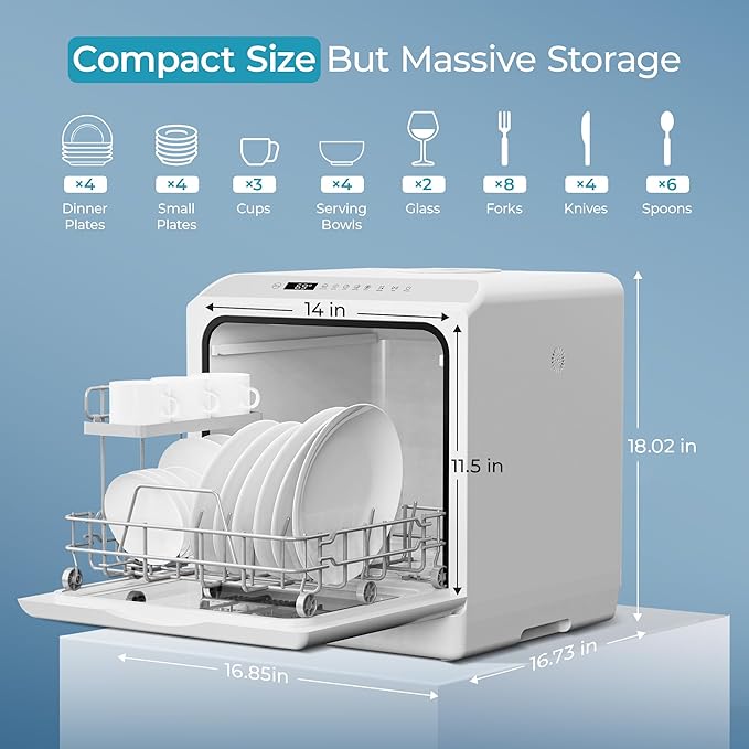 EUHOMY Countertop Dishwasher Portable with 6 Programs, 5L Built-in Water Tank for Apartments, 167℉ High-Temp, No Hookup Needed, Mini Dishwasher with Baby Care, Air Dry/Quick/ECO/Fruit/Normal, White