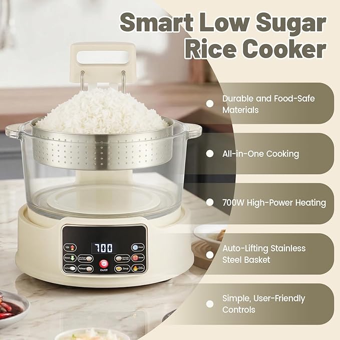 3L Low Carb Rice Cooker,Auto Lift Filter Basket for Low Sugar Rice, 6-Cup Stainless Steel Glass Rice Cooker with Steamer,for Rice, Soup, Oats,Digital Keep Warm (White)